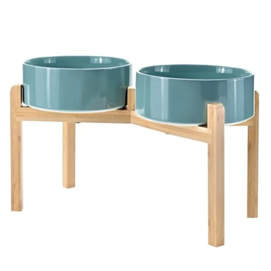 Elevated Dog Bowls Ceramic 6.1'' Dogs and Cat Food Water Bowls Raised with Non-Slip Bamboo Stand for Medium Sized Breed Microwa