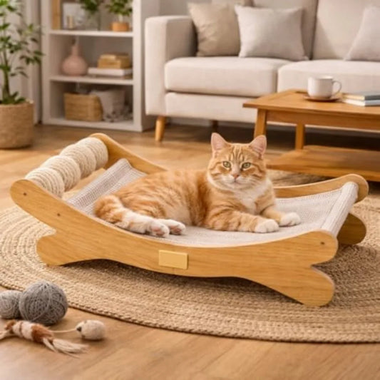 Cat Scratcher Bed Bone Shape Wooden Cat Sofa Bed with Ball Toy Indoor Cat Scratching Lounge Bed Durable Pet Recliner for Cats