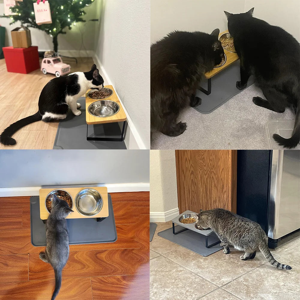 Elevated bamboo board painted cat bowl  tilt bracket anti-vomiting elevated cat bowl stainless steel cat bowls puppy bowl