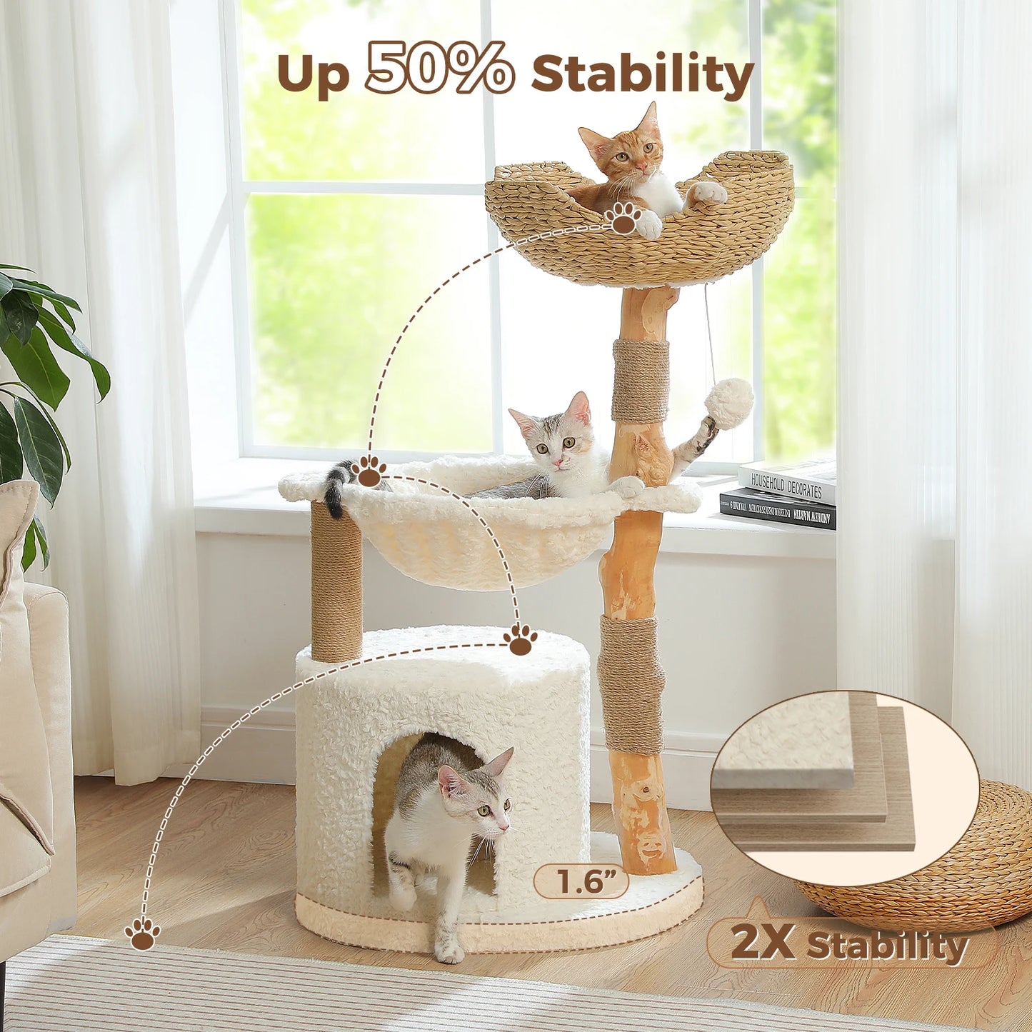 Modern Cat Tree with Large Wicker Basket Natural Solid Wood Scratching Posts Spacious Condo Hammock Luxury Cat Tower for Indoor Cat Toys