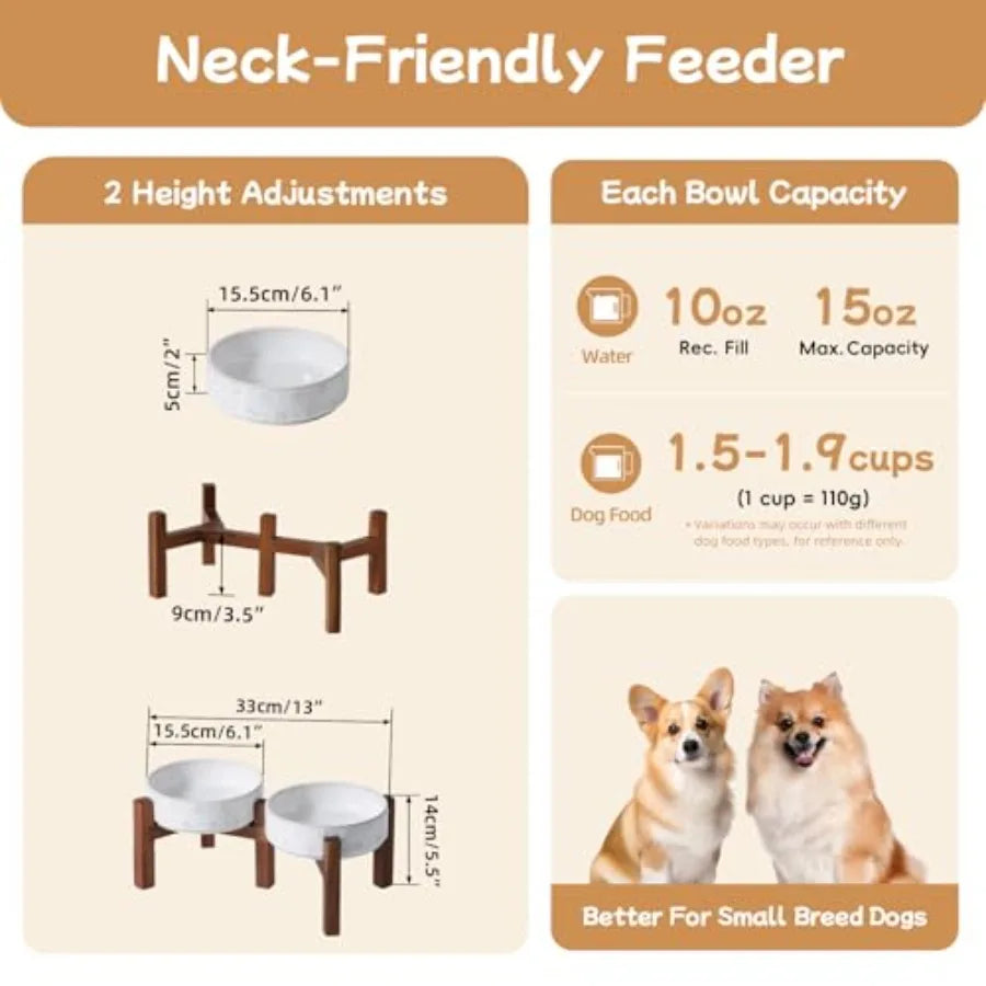 6.1" Elevated Dog Bowls Ceramic Raised Dog Bowl with Non-Slip Stand Acacia Wood Two Height Options, Dog Food and Water Bowl for