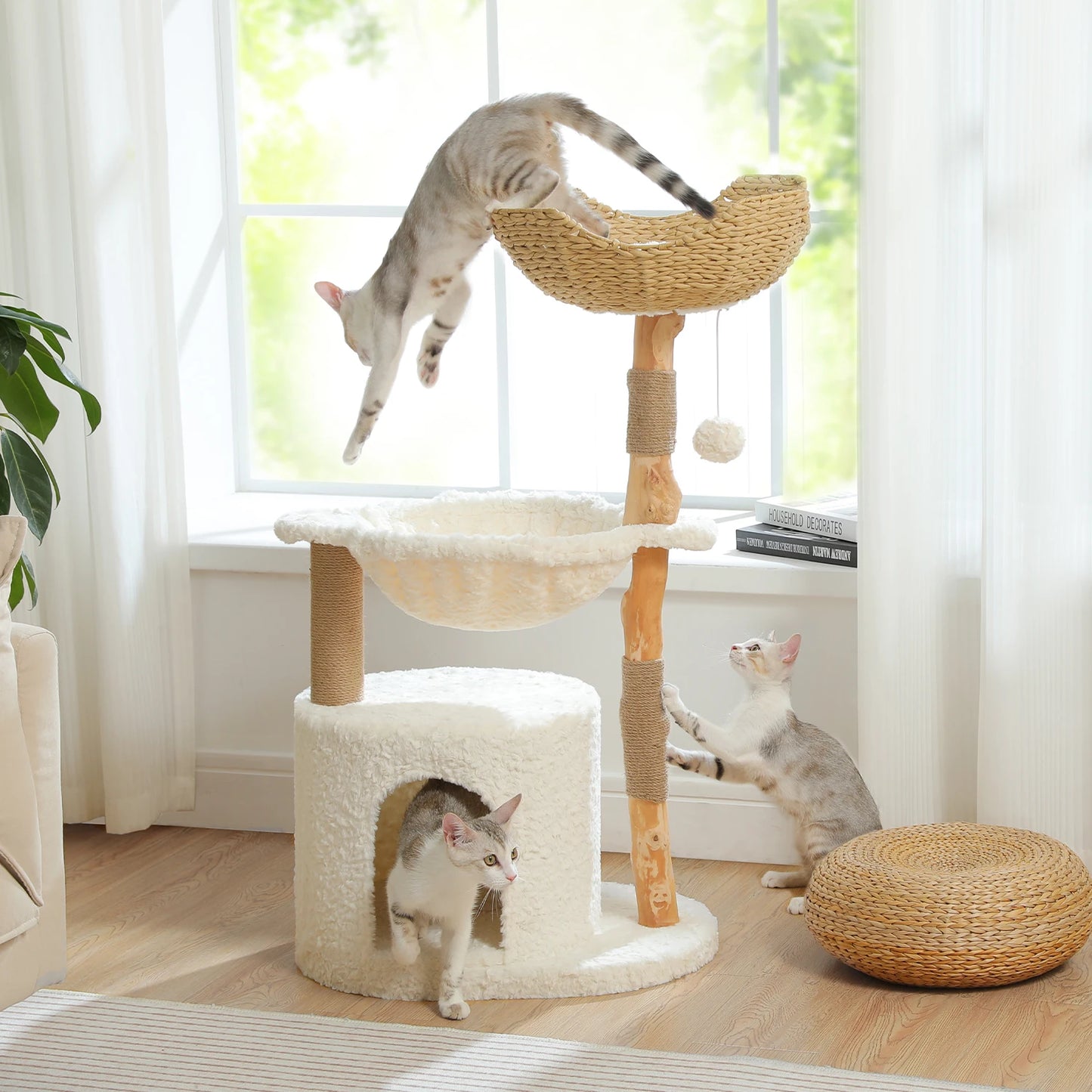 Modern Cat Tree with Large Wicker Basket Natural Solid Wood Scratching Posts Spacious Condo Hammock Luxury Cat Tower for Indoor Cat Toys