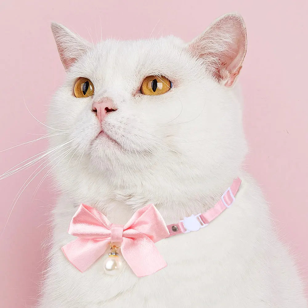 Cute Cats Collar Kitten Fairy Pink Lace Bow Hanging Pearl Pet Collar Cat Dog Bow Tie Jewelry Satin Rhinestone Puppy Collar