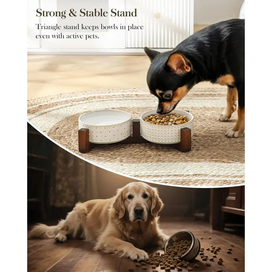 Dog Bowl Set with Walnut Wood Stand, 1.5 Cups Ceramic Pet Bowls for Puppy Dogs, Dual Food and Water Bowls with Weighted NonSlip