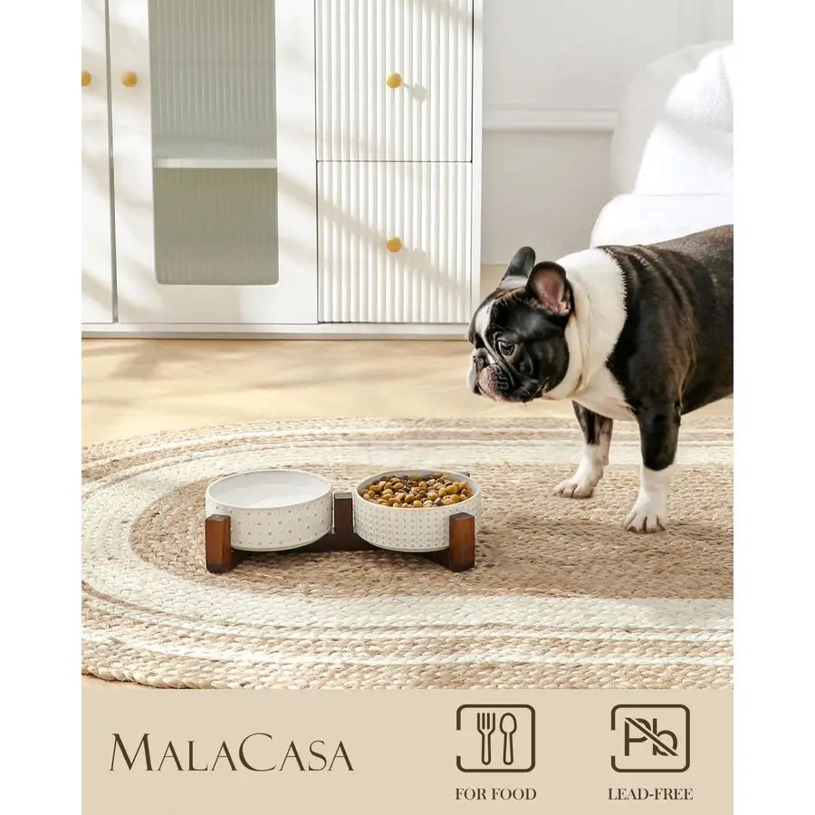 Dog Bowl Set with Walnut Wood Stand, 1.5 Cups Ceramic Pet Bowls for Puppy Dogs, Dual Food and Water Bowls with Weighted NonSlip