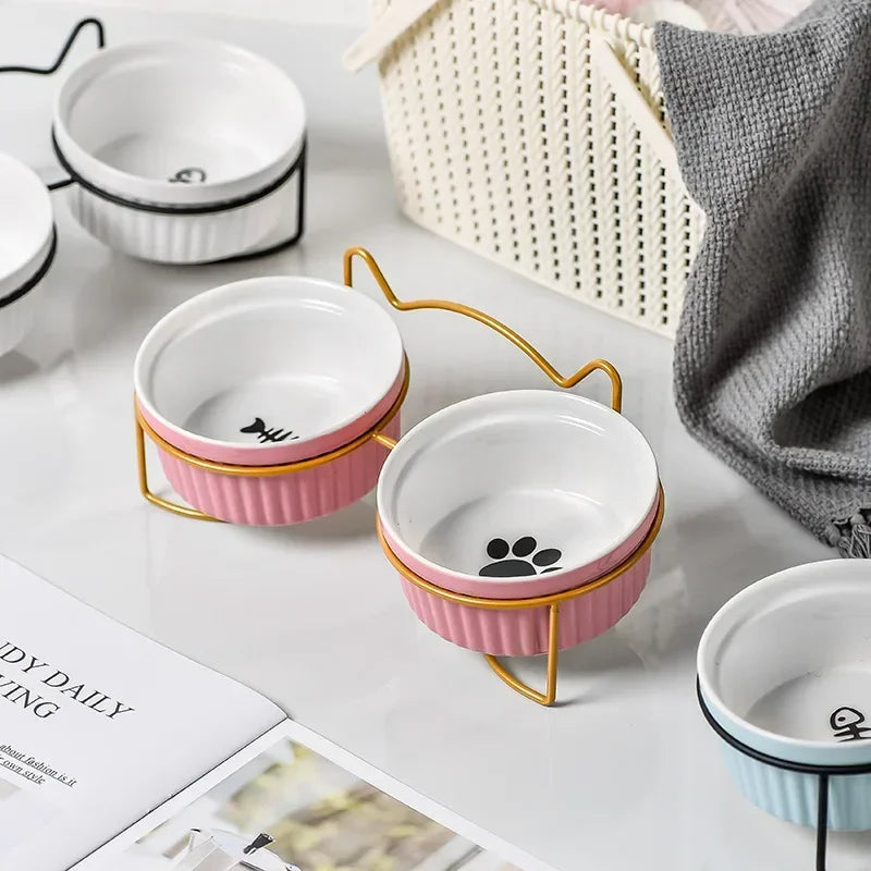 Single Or Double Tilt Bowl Ceramic Bowl for Dog Cat Puppy Kitten Elevated Food Feeder Drinker Pet Water Bowl Pet Supplies