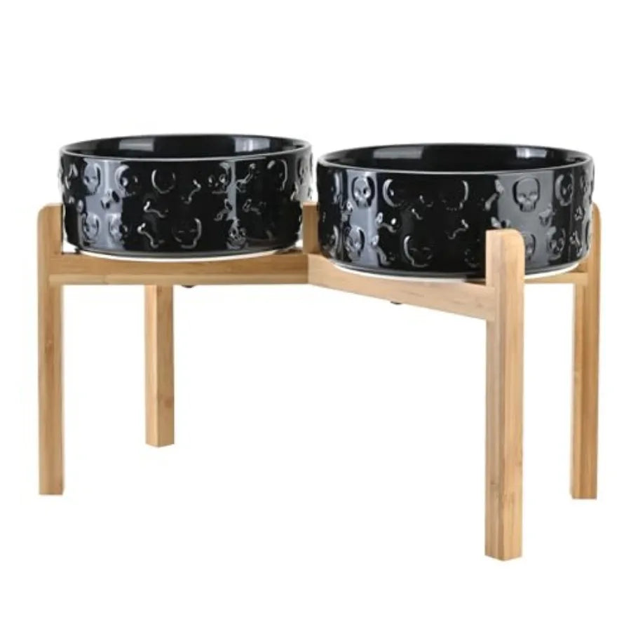 Elevated Dog Bowls Ceramic 6.1'' Dogs and Cat Food Water Bowls Raised with Non-Slip Bamboo Stand for Medium Sized Breed Microwa