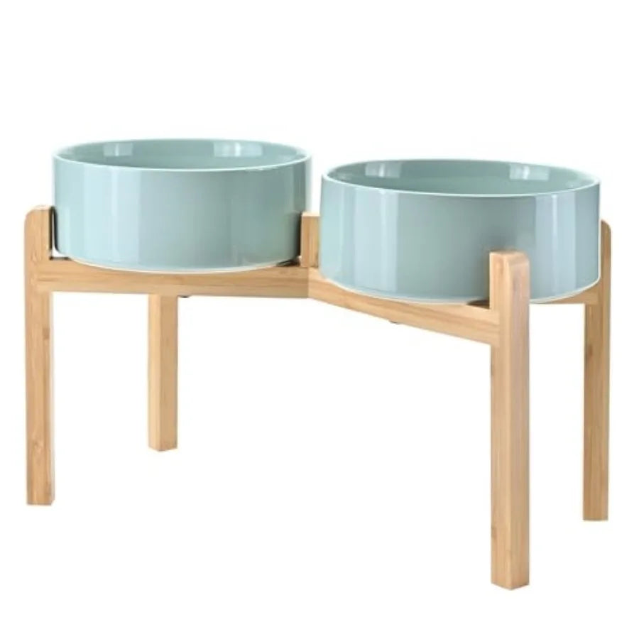 Elevated Dog Bowls Ceramic 6.1'' Dogs and Cat Food Water Bowls Raised with Non-Slip Bamboo Stand for Medium Sized Breed Microwa