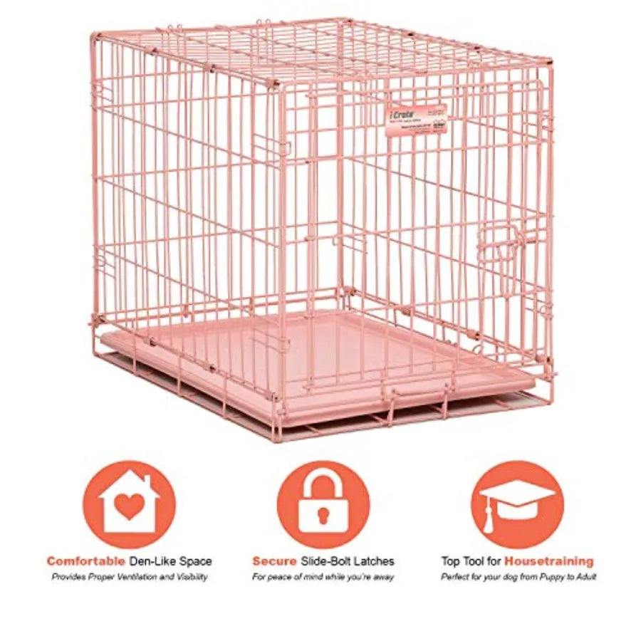 24-Inch Fashion iCrate for Small Breeds 12-20 lbs Single Door Folding Dog Crate with Divider Panel Leak-Proof Tray and Secure L