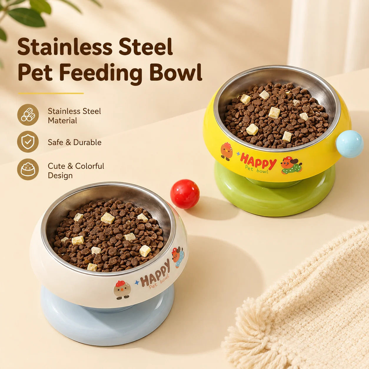 Stainless Steel Elevated Cat Dog Bowl Detachable Anti-Tip Pet Feeding Bowl Cute Food Water Bowl with Neck Support