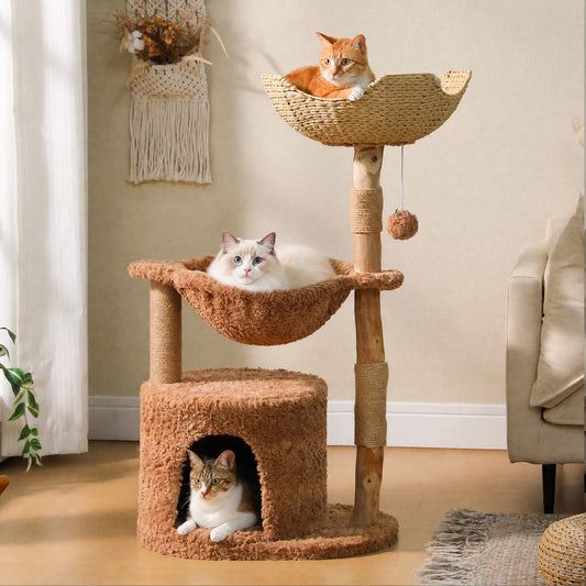 Modern Cat Tree with Large Wicker Basket Natural Solid Wood Scratching Posts Spacious Condo Hammock Luxury Cat Tower for Indoor Cat Toys