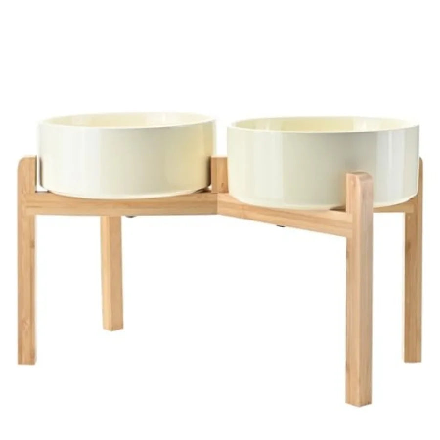 Elevated Dog Bowls Ceramic 6.1'' Dogs and Cat Food Water Bowls Raised with Non-Slip Bamboo Stand for Medium Sized Breed Microwa