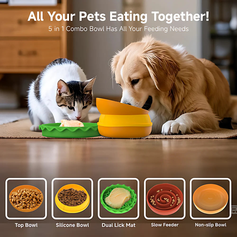 5-in-1 Burger Pet Bowls Set - Tilted Bowl, Elevated Bowl, Slow Feeder, Lick Mat, Non-slip Bowl for Dog/Cat Small to Medium Pets