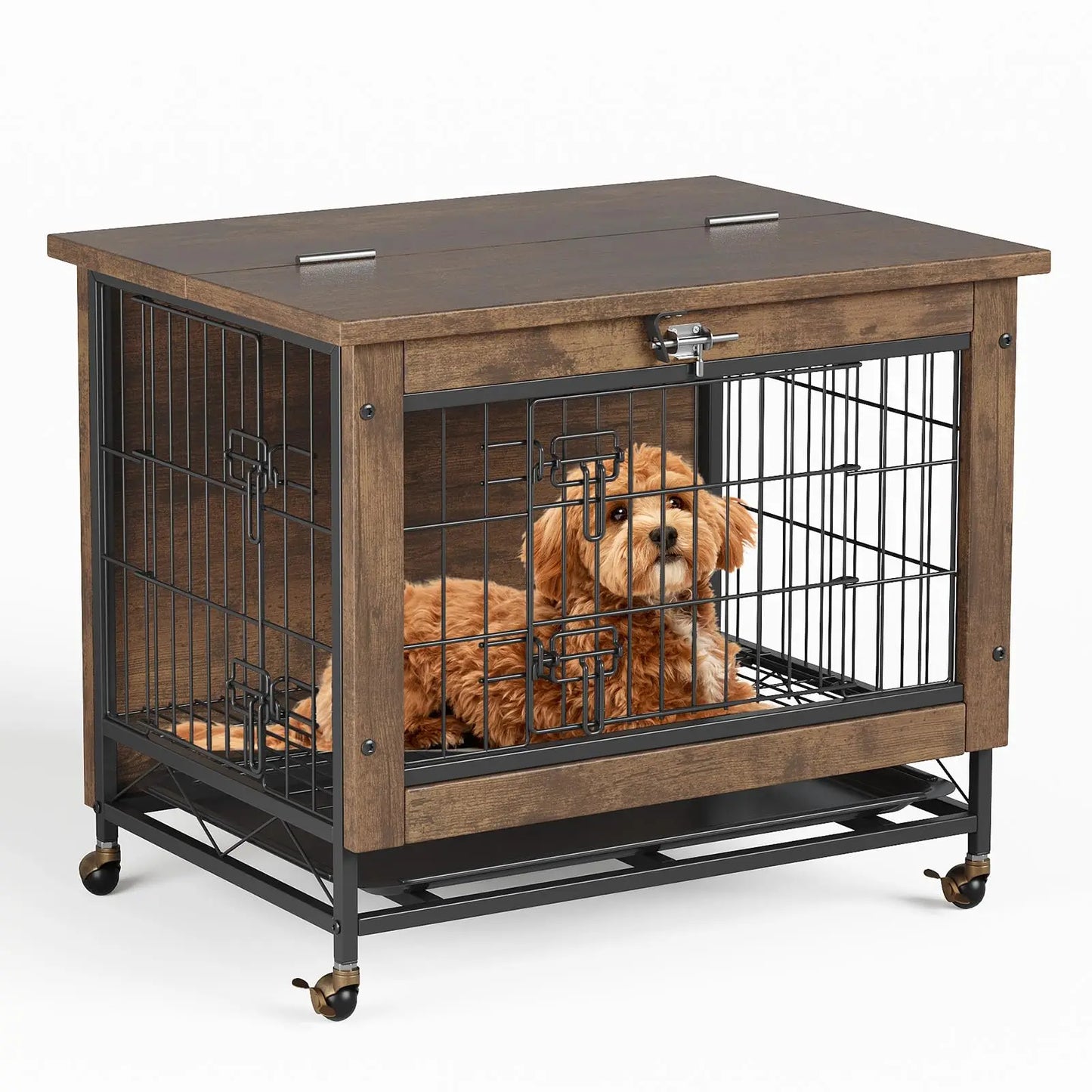 26" Wooden Dog Crate Furniture With Wheels Indoor Pet Kennel End Table Dual Door Chew-Proof Small Dog Cage With Removable Tray