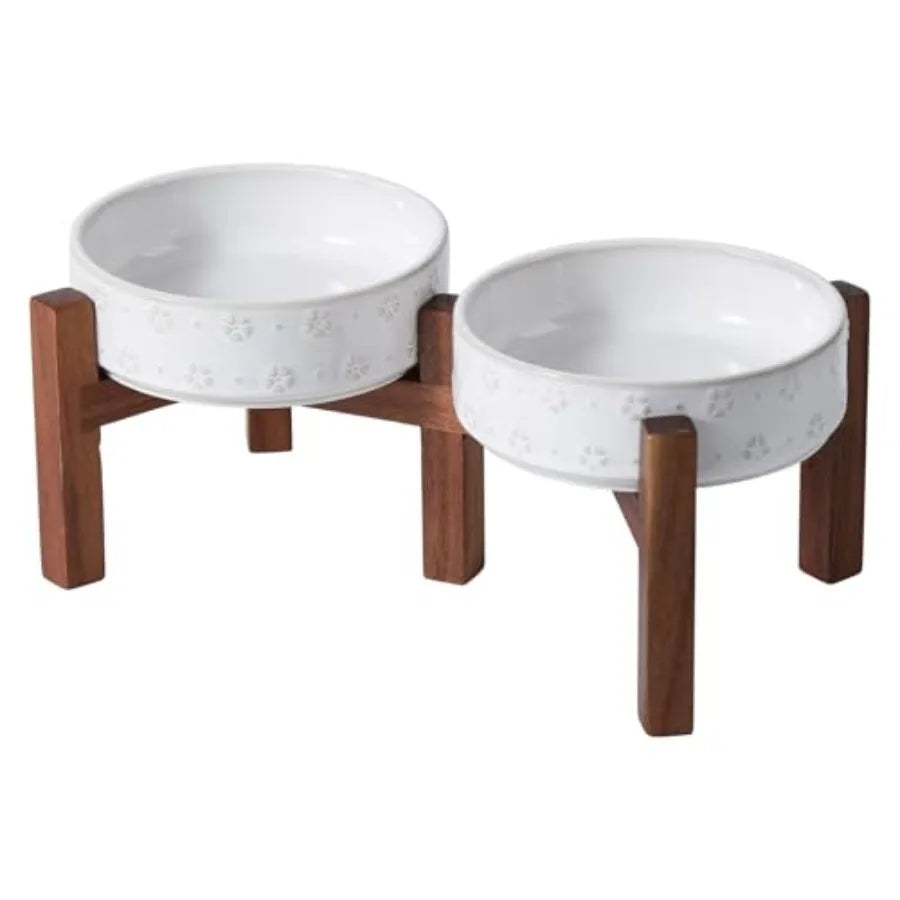 6.1" Elevated Dog Bowls Ceramic Raised Dog Bowl with Non-Slip Stand Acacia Wood Two Height Options, Dog Food and Water Bowl for