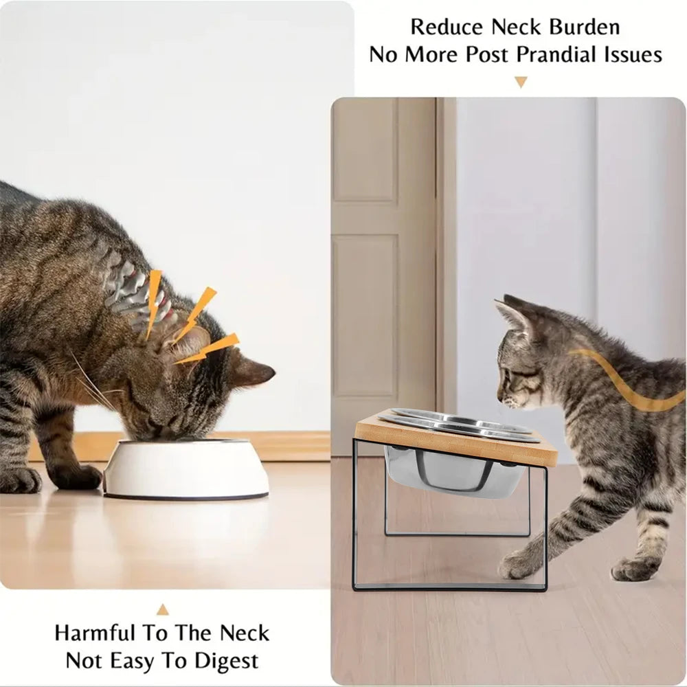 Elevated bamboo board painted cat bowl  tilt bracket anti-vomiting elevated cat bowl stainless steel cat bowls puppy bowl