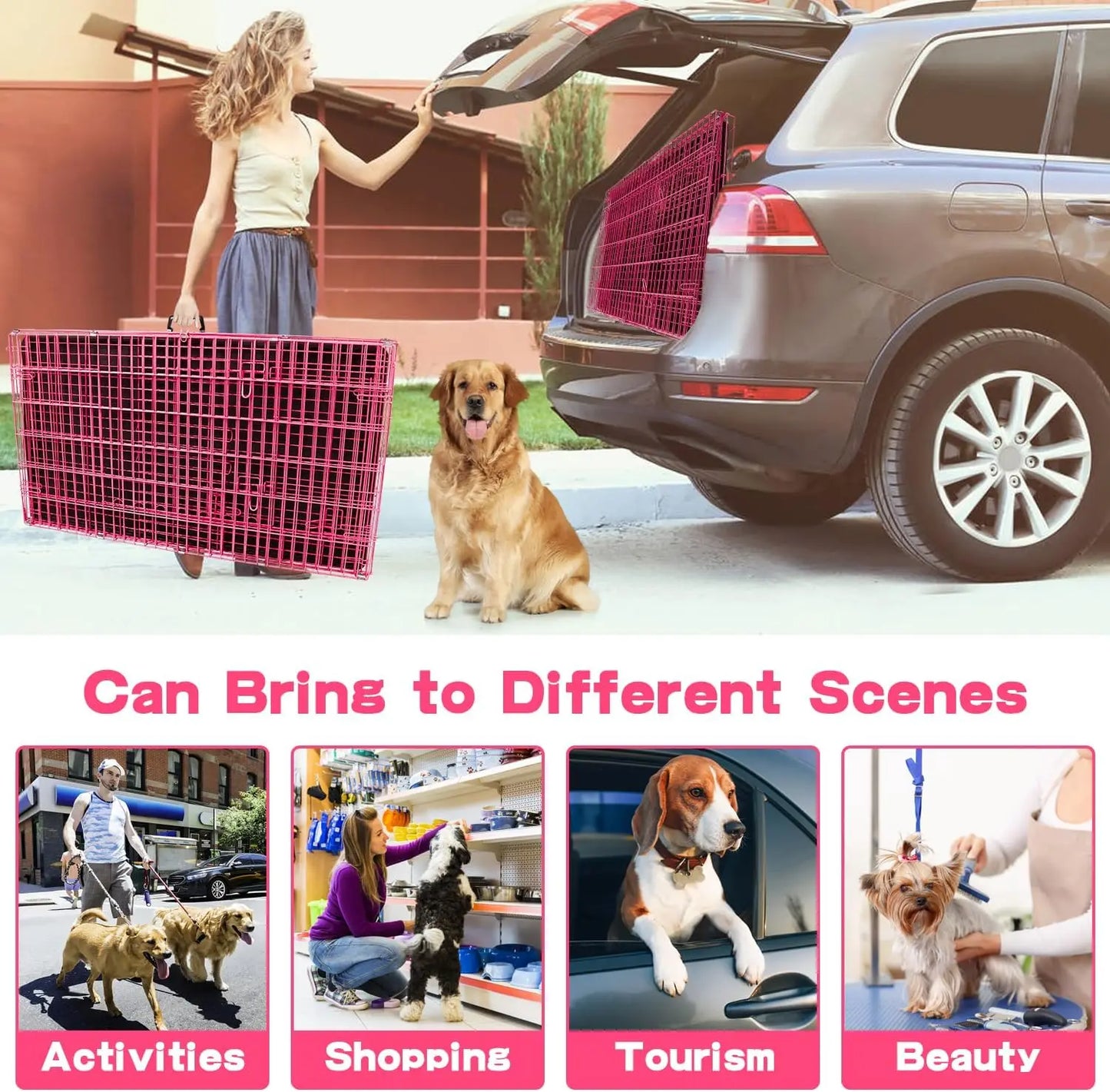 48 Inch Pink Wire Metal Dog Crate for Indoor/Outdoor and Travel, Folding with Divider Panel, Double - Door and Tray