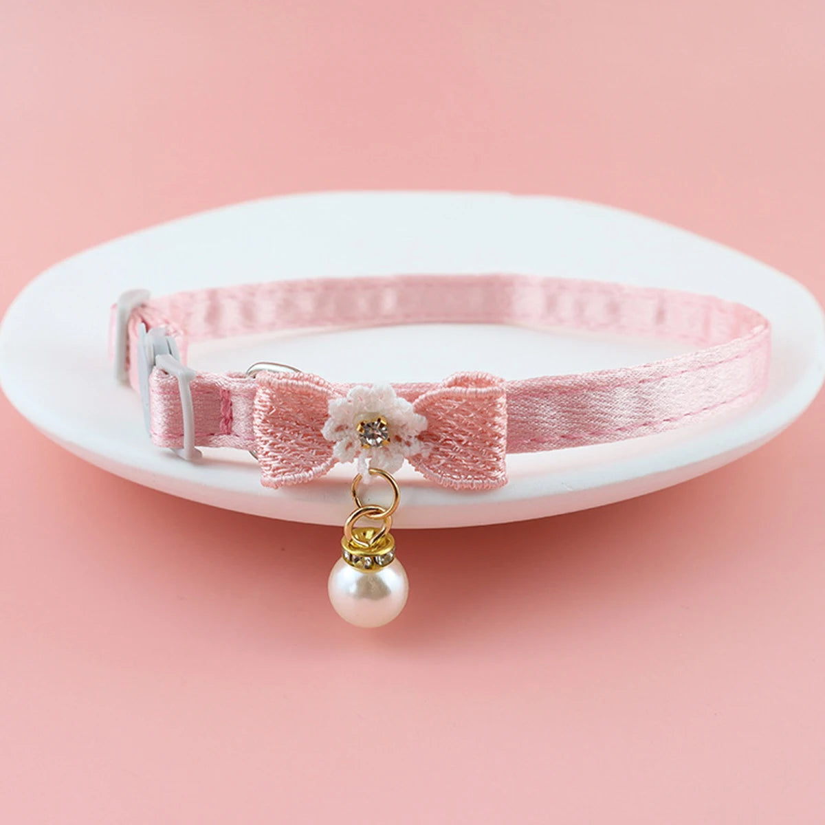 Cute Cats Collar Kitten Fairy Pink Lace Bow Hanging Pearl Pet Collar Cat Dog Bow Tie Jewelry Satin Rhinestone Puppy Collar