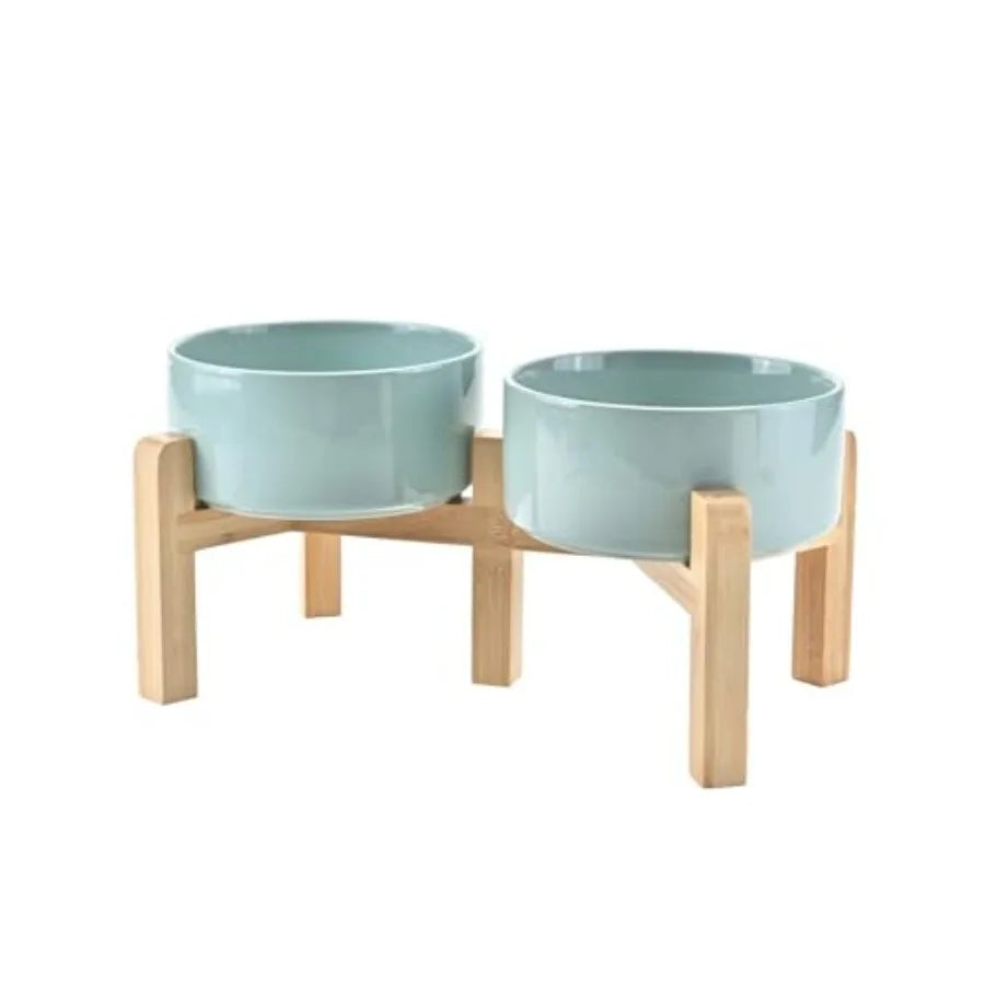 Elevated Dog Bowls Ceramic 6.1'' Dogs and Cat Food Water Bowls Raised with Non-Slip Bamboo Stand for Medium Sized Breed Microwa