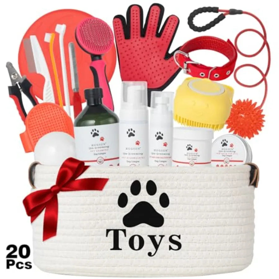 XXXL 20 Pieces Dog Gift Basket for Dogs Pet Spa Gift Set with Shower Gel Shampoo Toys Plush Rubber Rope Training Toys Birthday
