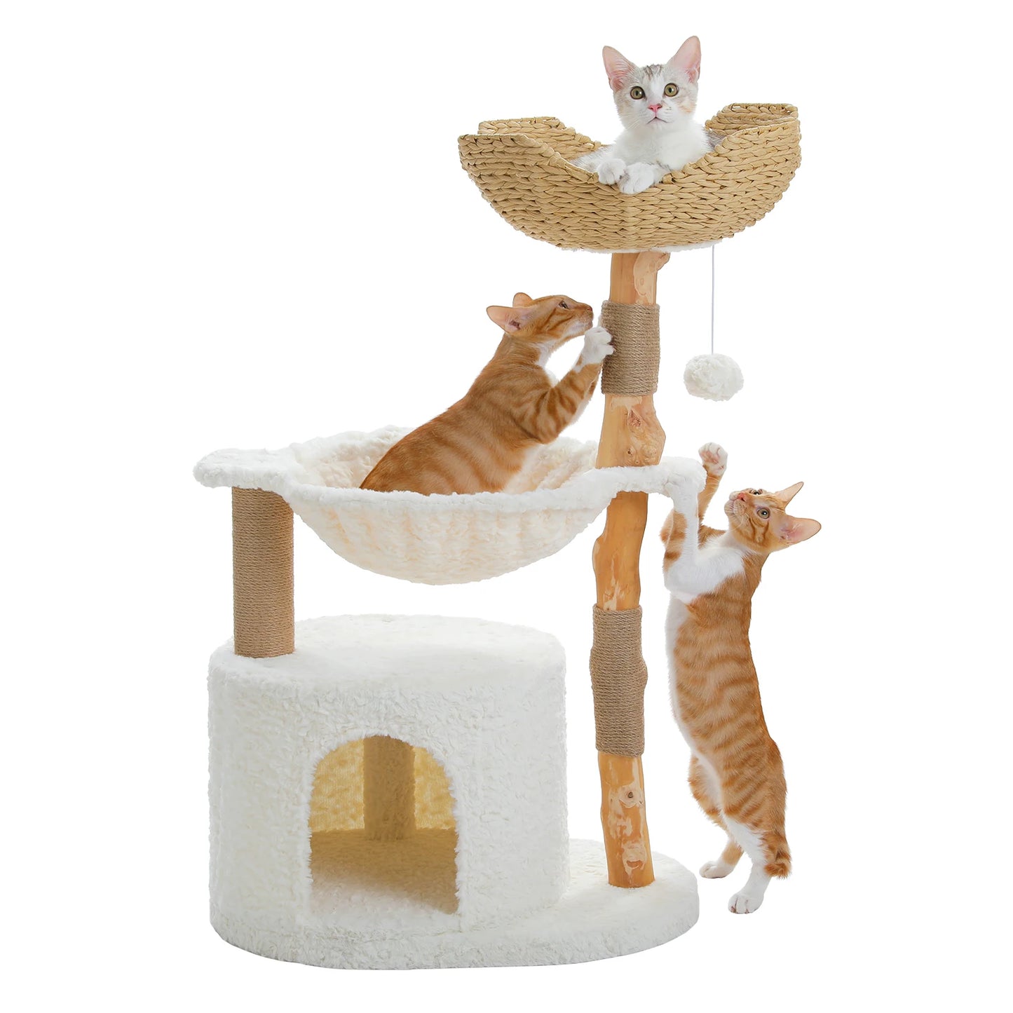 Modern Cat Tree with Large Wicker Basket Natural Solid Wood Scratching Posts Spacious Condo Hammock Luxury Cat Tower for Indoor Cat Toys