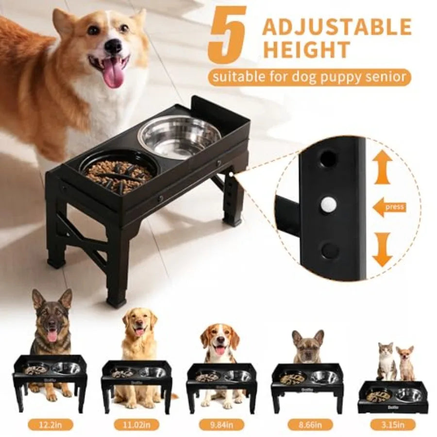 Elevated Dog Bowls for Small Medium Large Dogs 5 Adjustable Heights, 2-in-1 Raised Dog Feeder with 2 Stainless Steel Bowls and