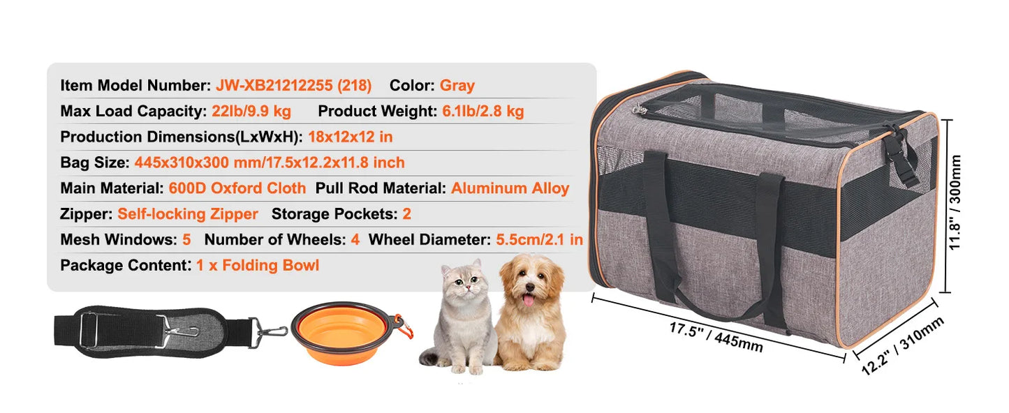 SucceBuy Pet Cat Carrier Breathable Outgoing Dog Carry Backpack with Telescopic Handle Wheels and Shoulder Strap for Travel Trip
