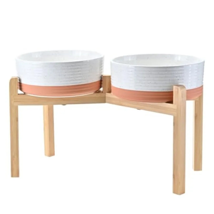 Elevated Dog Bowls Ceramic 6.1'' Dogs and Cat Food Water Bowls Raised with Non-Slip Bamboo Stand for Medium Sized Breed Microwa