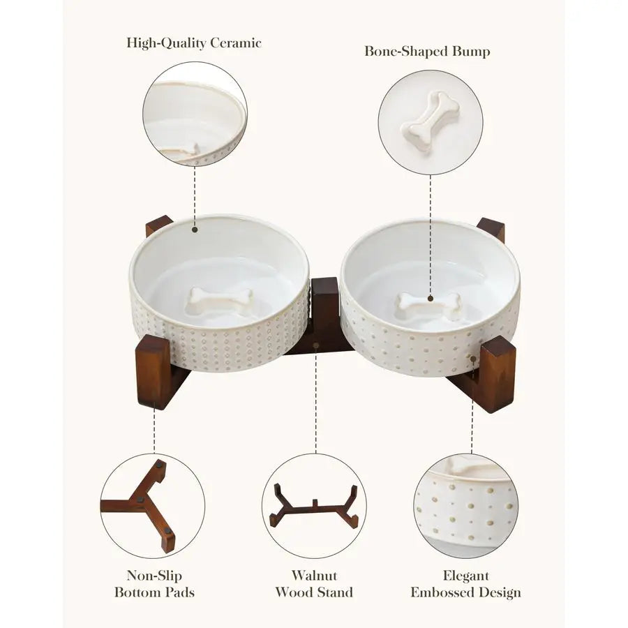 Dog Bowl Set with Walnut Wood Stand, 1.5 Cups Ceramic Pet Bowls for Puppy Dogs, Dual Food and Water Bowls with Weighted NonSlip
