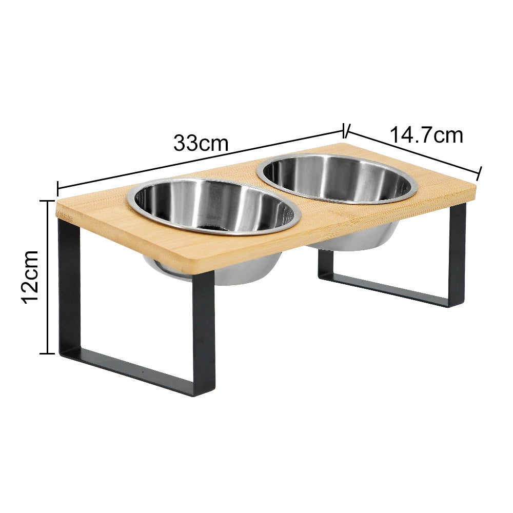 Elevated bamboo board painted cat bowl  tilt bracket anti-vomiting elevated cat bowl stainless steel cat bowls puppy bowl