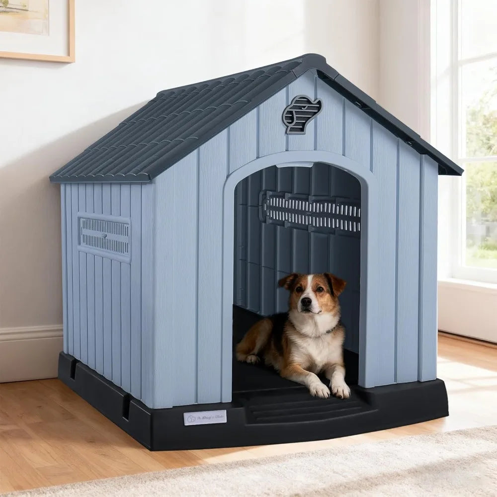 Large Plastic Dog House for Medium Large Dogs, Durable Waterproof Indoor Outdoor Doghouse with Air Vents and Elevated Floor