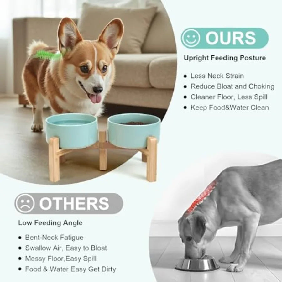 Elevated Dog Bowls Ceramic 6.1'' Dogs and Cat Food Water Bowls Raised with Non-Slip Bamboo Stand for Medium Sized Breed Microwa