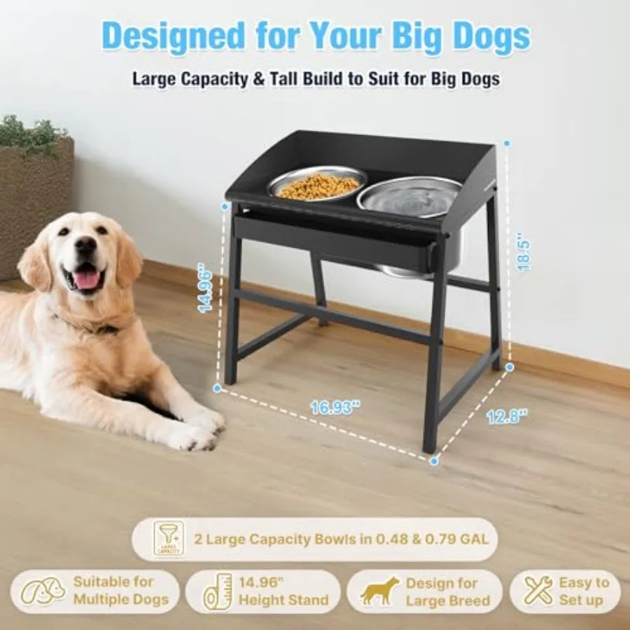 Spill Proof Tilted Elevated Dog Bowls for Large Breed 15" Tall Raised Dog Bowl with Stand Stainless Steel Dog Food Bowl and Wat