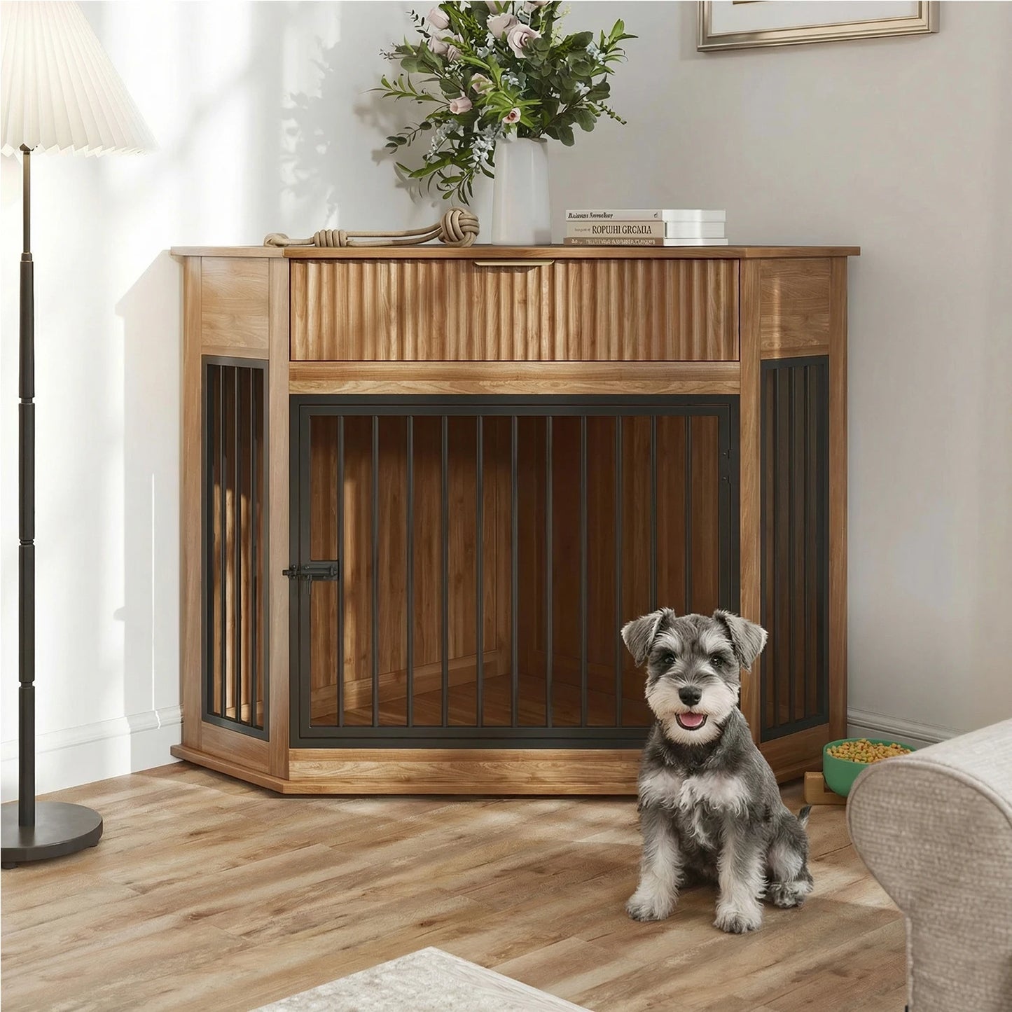 44.6'' Corner Dog Crate Furniture with Fluted Storage Drawer,Wooden Dog Kennel End Table for TV Stand,Decorative Pet Crate