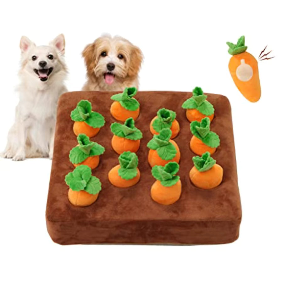 Interactive Dog Toys Squeak Carrot Snuffle Mat for Dogs Plush Puzzle Toys 2 in 1 Non-Slip Nosework Feed Games for Pet Stress Re