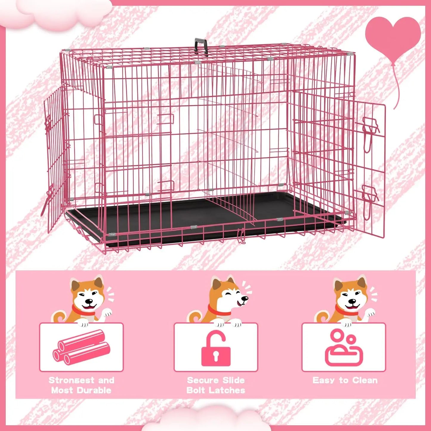48 Inch Pink Wire Metal Dog Crate for Indoor/Outdoor and Travel, Folding with Divider Panel, Double - Door and Tray