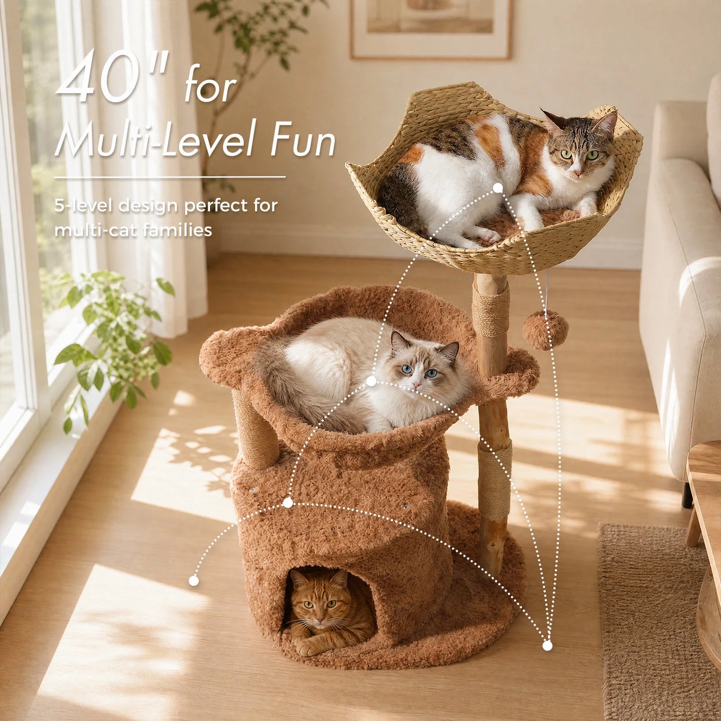 Modern Cat Tree with Large Wicker Basket Natural Solid Wood Scratching Posts Spacious Condo Hammock Luxury Cat Tower for Indoor Cat Toys